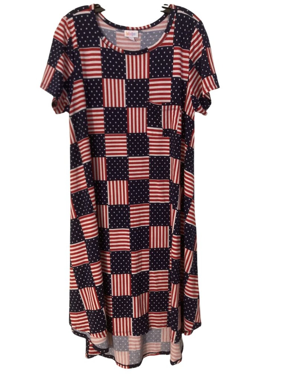LuLaRoe Womens Patriotic Flag Print Carly Swing Dress Size L Red White Blue